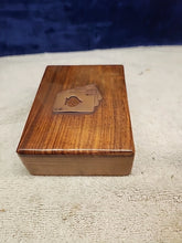 Load image into Gallery viewer, Celtic Brass Card Holder W/3 Gold Foil 24k Playing Cards, Wood Storage Box