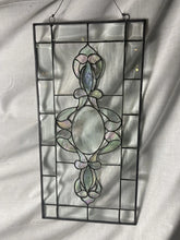 Load image into Gallery viewer, Vintage Iridescent Stained Glass Window Panel With Seahorse Motif 24“ X 12“