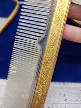 Load image into Gallery viewer, Vtg Matson 1930s Gold Tone Daisy 3-D Vanity Set Hand Mirror Brush Comb Rare Read