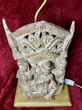 Load image into Gallery viewer, RARE Vintage 34” Thailand Wooden Carved 3 Buddhas Lamp w/ Brass & Switch