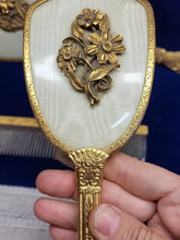 Load image into Gallery viewer, Vtg Matson 1930s Gold Tone Daisy 3-D Vanity Set Hand Mirror Brush Comb Rare Read
