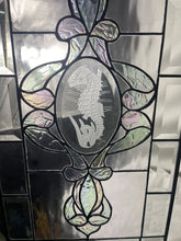 Load image into Gallery viewer, Vintage Iridescent Stained Glass Window Panel With Seahorse Motif 24“ X 12“