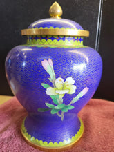 Load image into Gallery viewer, Chrysanthemum Chinese Cloisonne Ginger Jar Urn Butterfly Blue Enamel w/ lid
