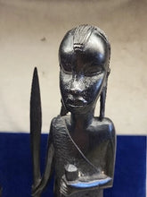 Load image into Gallery viewer, Vtg Carved Wooden Maasai Spear Warrior & Woman Tribal Ebony Figurine Sculpture