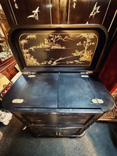 Load image into Gallery viewer, Vintage Chinese Black Lacquer Bar Cabinet Fold Out Top Hand Painted 42H 36L 18D