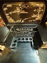Load image into Gallery viewer, Vintage Chinese Black Lacquer Bar Cabinet Fold Out Top Hand Painted 42H 36L 18D