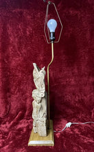 Load image into Gallery viewer, RARE Vintage 34” Thailand Wooden Carved 3 Buddhas Lamp w/ Brass & Switch
