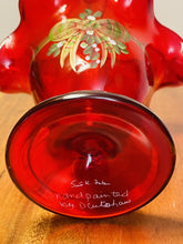 Load image into Gallery viewer, FENTON Ruby Red Christmas Bow 10.5” Ruffled Basket Vase Signed by D. Cutshaw