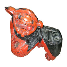 Load image into Gallery viewer, Vintage Japanese Shisa Guardian Lion Foo Dog Statues Pair Red Black Wood 16”X15”