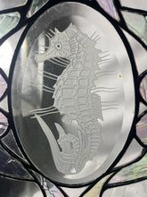 Load image into Gallery viewer, Vintage Iridescent Stained Glass Window Panel With Seahorse Motif 24“ X 12“