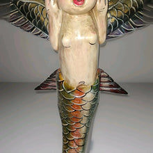 Load image into Gallery viewer, Vintage Unique Mexican Folk Art Mermaid Hand Carved Painted Wood Wall Art 30”