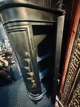 Load image into Gallery viewer, Vintage Chinese Black Lacquer Bar Cabinet Fold Out Top Hand Painted 42H 36L 18D