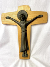 Load image into Gallery viewer, Vintage ARS LITURGICA MARIA LAACH Modernist Solid Bronze on Oak CRUCIFIX HOLLAND