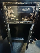 Load image into Gallery viewer, Vintage Chinese Black Lacquer Bar Cabinet Fold Out Top Hand Painted 42H 36L 18D