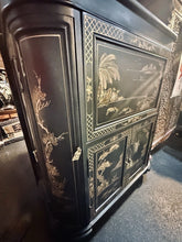 Load image into Gallery viewer, Vintage Chinese Black Lacquer Bar Cabinet Fold Out Top Hand Painted 42H 36L 18D