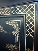 Load image into Gallery viewer, Vintage Chinese Black Lacquer Bar Cabinet Fold Out Top Hand Painted 42H 36L 18D