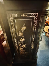 Load image into Gallery viewer, Vintage Chinese Black Lacquer Bar Cabinet Fold Out Top Hand Painted 42H 36L 18D