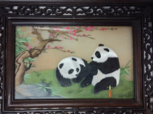 Load image into Gallery viewer, Chinese Carved Hardwood Rotating Tabletop Screen Panda Scene w/ Silk Box