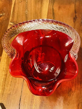 Load image into Gallery viewer, FENTON Ruby Red Christmas Bow 10.5” Ruffled Basket Vase Signed by D. Cutshaw
