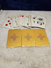 Load image into Gallery viewer, Celtic Brass Card Holder W/3 Gold Foil 24k Playing Cards, Wood Storage Box