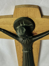 Load image into Gallery viewer, Vintage ARS LITURGICA MARIA LAACH Modernist Solid Bronze on Oak CRUCIFIX HOLLAND