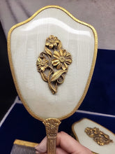 Load image into Gallery viewer, Vtg Matson 1930s Gold Tone Daisy 3-D Vanity Set Hand Mirror Brush Comb Rare Read