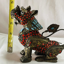 Load image into Gallery viewer, Antique Chinese Enameled Brass, Turquoise & Coral Beads FOO DOG Incense Burner!!