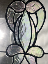 Load image into Gallery viewer, Vintage Iridescent Stained Glass Window Panel With Seahorse Motif 24“ X 12“