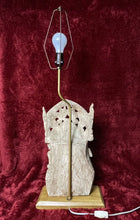 Load image into Gallery viewer, RARE Vintage 34” Thailand Wooden Carved 3 Buddhas Lamp w/ Brass & Switch