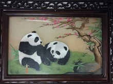 Load image into Gallery viewer, Chinese Carved Hardwood Rotating Tabletop Screen Panda Scene w/ Silk Box