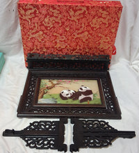 Load image into Gallery viewer, Chinese Carved Hardwood Rotating Tabletop Screen Panda Scene w/ Silk Box