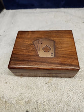 Load image into Gallery viewer, Celtic Brass Card Holder W/3 Gold Foil 24k Playing Cards, Wood Storage Box