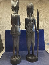 Load image into Gallery viewer, Vtg Carved Wooden Maasai Spear Warrior & Woman Tribal Ebony Figurine Sculpture