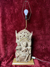 Load image into Gallery viewer, RARE Vintage 34” Thailand Wooden Carved 3 Buddhas Lamp w/ Brass & Switch