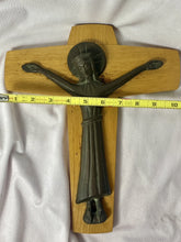 Load image into Gallery viewer, Vintage ARS LITURGICA MARIA LAACH Modernist Solid Bronze on Oak CRUCIFIX HOLLAND