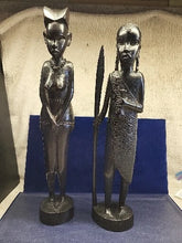 Load image into Gallery viewer, Vtg Carved Wooden Maasai Spear Warrior & Woman Tribal Ebony Figurine Sculpture