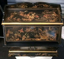 Load image into Gallery viewer, Asian Black Lacquer Jewelry Chest Cabinet Drop Front Top, Doors & Drawers