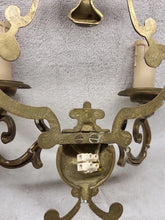 Load image into Gallery viewer, Pair of mid century brass wall appliques - double lights