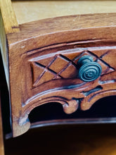 Load image into Gallery viewer, Antique Carved Wood Display Cabinet Floral Basket Crest Rococo Revival 54x24x12