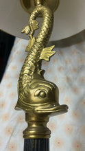 Load image into Gallery viewer, Vintage Pair Of 32” Tall Solid Brass Dolphin Feng Shui TABLE LAMPS w/ Shades