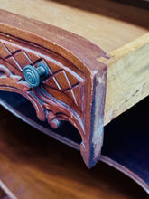 Load image into Gallery viewer, Antique Carved Wood Display Cabinet Floral Basket Crest Rococo Revival 54x24x12