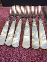 Load image into Gallery viewer, Benjamin Allen & Co Pearl Handle French Hollow Knife & Fork X6 Sterling Silver
