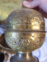 Load image into Gallery viewer, 15" Vtg Moroccan Brass Tray w/ Maranao Gador, Tea Caddy, Trinket box, Dowry set