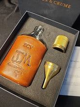 Load image into Gallery viewer, J.M. The Original Glass Flask Genuine Leather 6 3/4 Oz Brass Lid & Funnel CIB