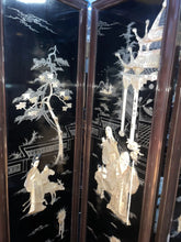 Load image into Gallery viewer, CHINESE 4 PANEL COROMANDEL BLACK LAQUERED SCREEN WITH MOTHER OF PEARL OVERLAY!!