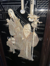 Load image into Gallery viewer, CHINESE 4 PANEL COROMANDEL BLACK LAQUERED SCREEN WITH MOTHER OF PEARL OVERLAY!!