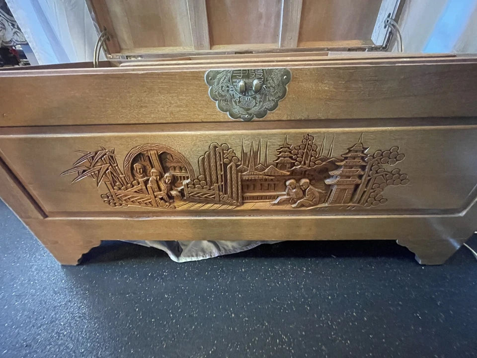 Vintage Mid Century Chinese Carved Teak Trunk George Zee & Co