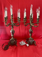 Load image into Gallery viewer, Antique 19th Century Candelabra Lamps, Brass on Heavy Marble 31” Tall
