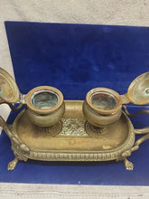 Load image into Gallery viewer, Vintage Solid Brass Double Lidded Ink Well Ink Holder with Snake Handle Accents