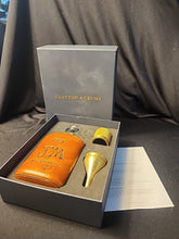 Load image into Gallery viewer, J.M. The Original Glass Flask Genuine Leather 6 3/4 Oz Brass Lid & Funnel CIB